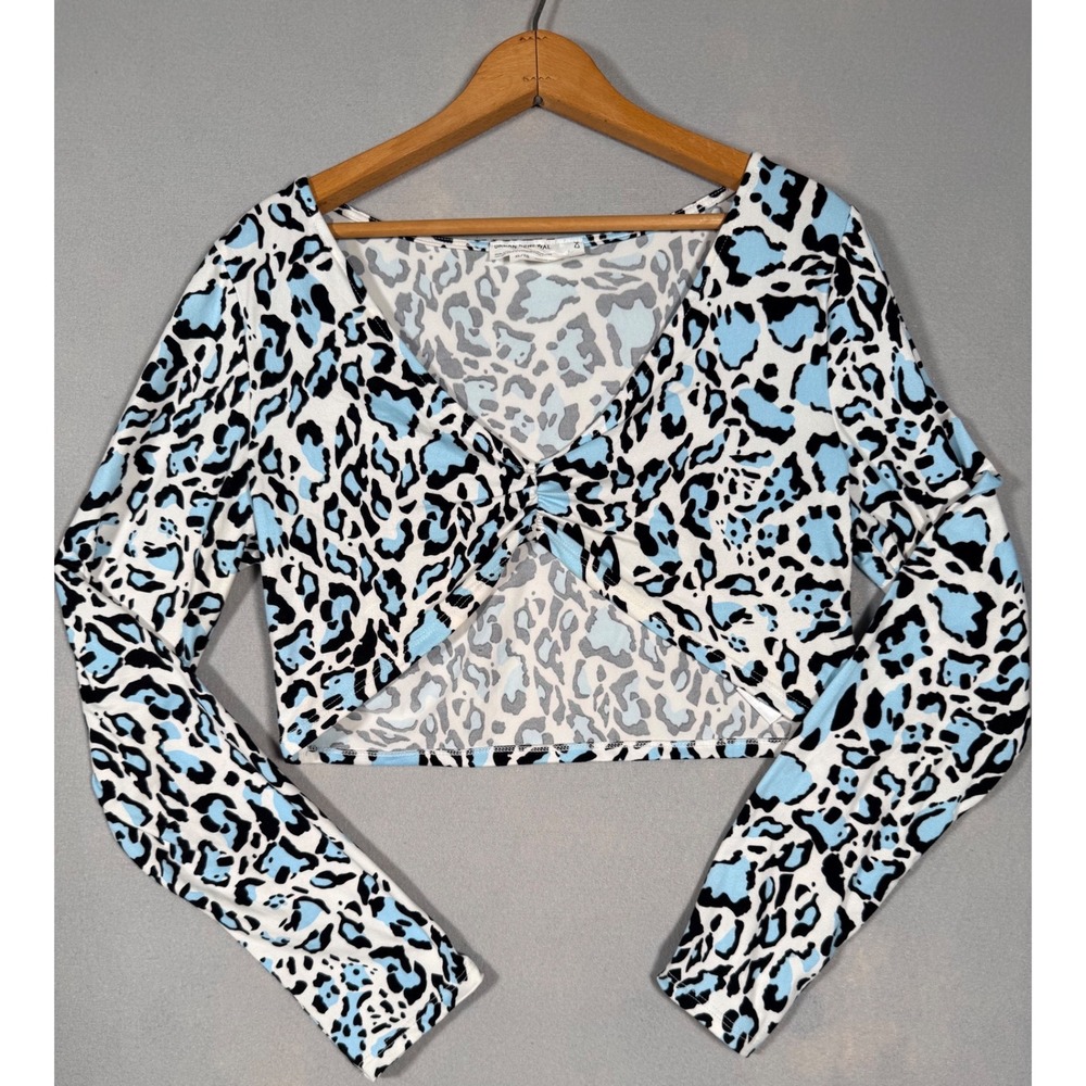 Urban Renewal Blue Leopard Print Twist Front V-Neck Crop Top XL Long Sleeve